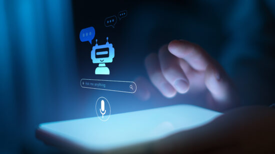 AI Chatbot and Voice Assistant Interaction Displayed on Digital Tablet.