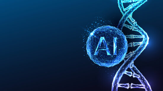 DNA Double Helix Artificial Intelligence AI Genomics Machine Learning Glowing Blue Polygonal Vector